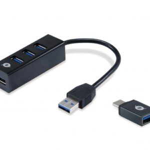 HUB 3 PORTE USB 3.2 GEN 1 (3.1 GEN 1) TYPE-A (HUBBIES04B) NERO CON ADATTATORE USB-C