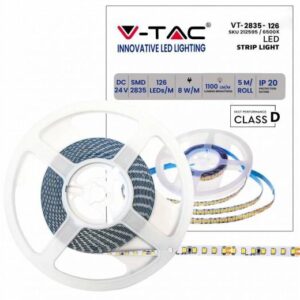 STRISCIA LED VT-2835 137LM/M 24V STRIP 5MT 8W/MT BIANCO FREDDO 6500K IP20 (212595)